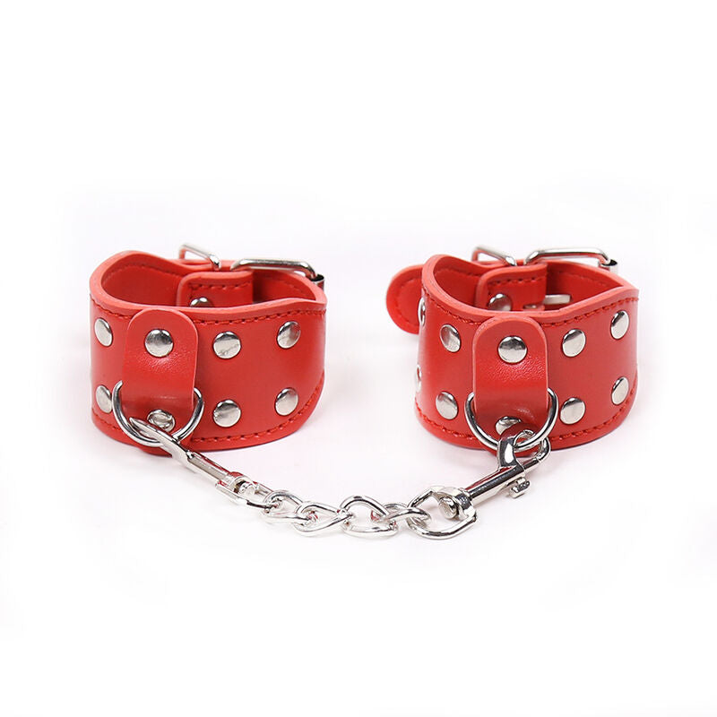 Ohmama Fetish Handschellen mit Metallnieten & -kette – rot