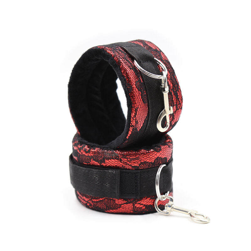 Ohmama Fetish Samthandschellen mit Nylonband – rot/schwarz