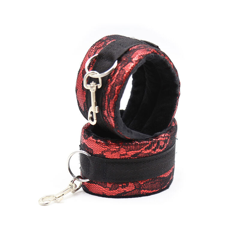 Ohmama Fetish Samthandschellen mit Nylonband – rot/schwarz
