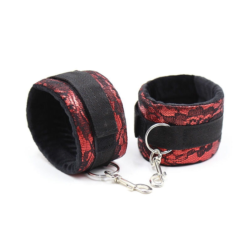 Ohmama Fetish Samthandschellen mit Nylonband – rot/schwarz