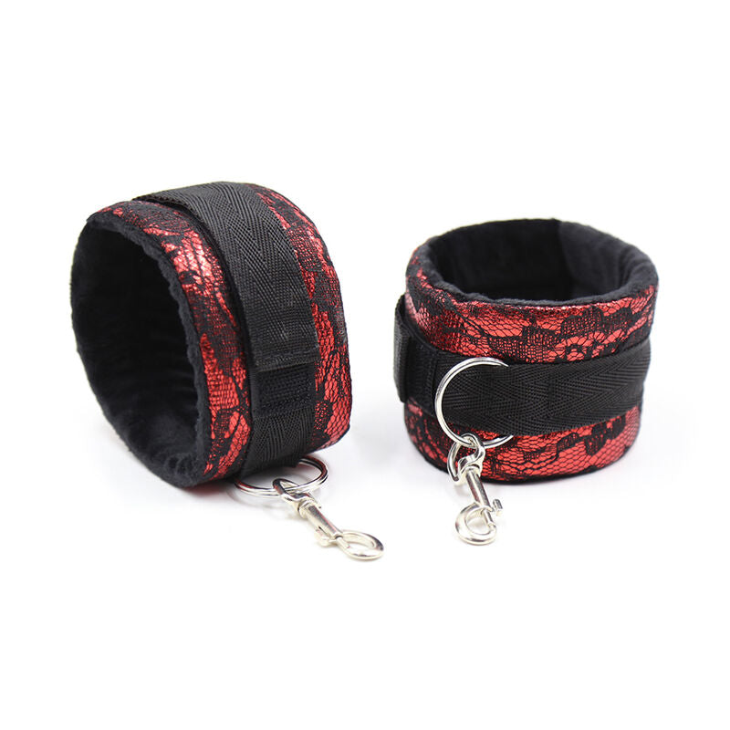Ohmama Fetish Samthandschellen mit Nylonband – rot/schwarz