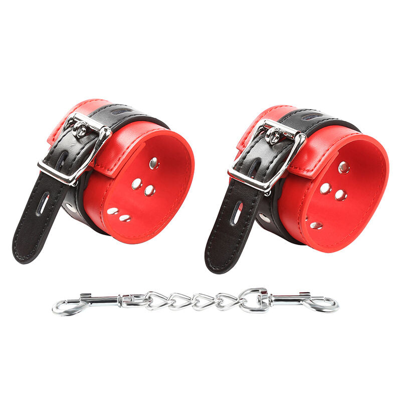 Ohmama Fetish Handschellen rot/schwarz mit Metallkette – Schnalle