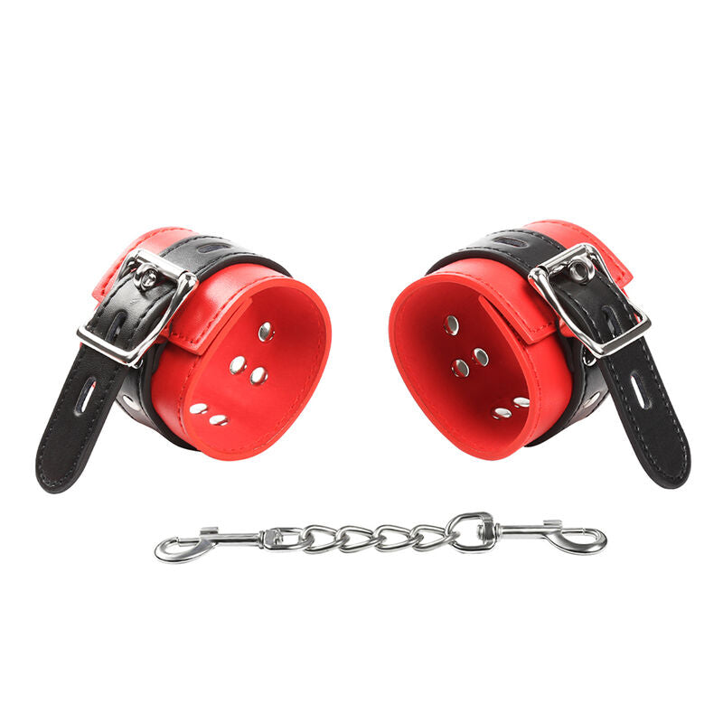 Ohmama Fetish Handschellen rot/schwarz mit Metallkette – Schnalle
