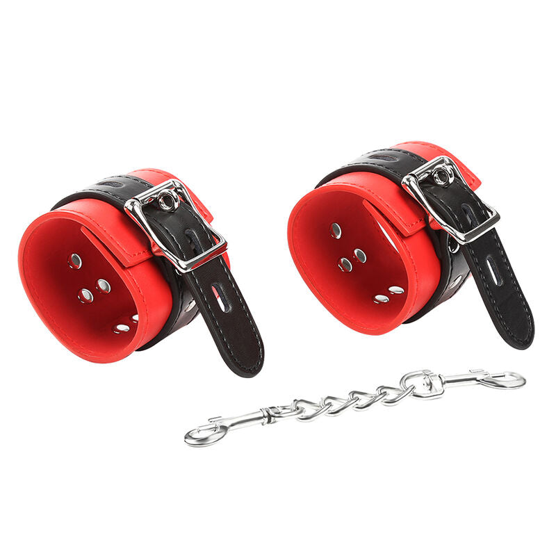 Ohmama Fetish Handschellen rot/schwarz mit Metallkette – Schnalle