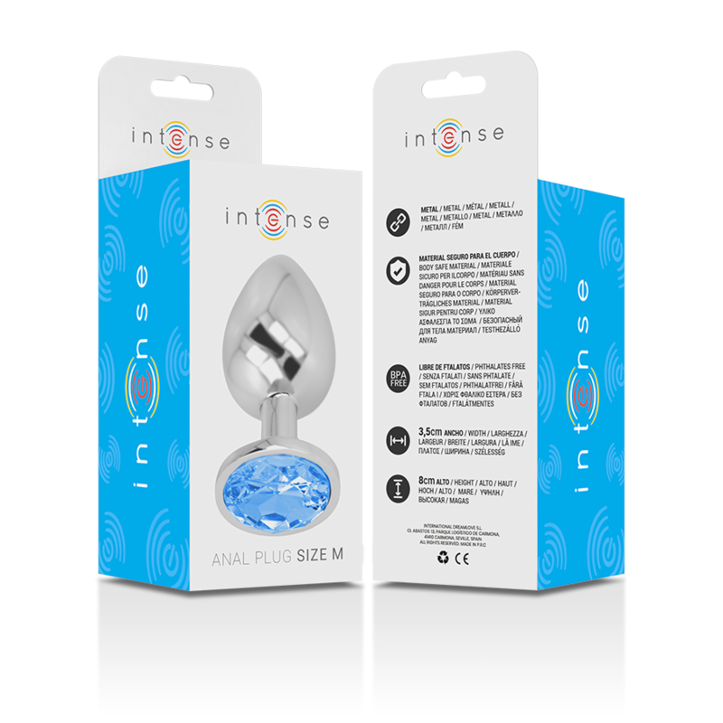 Intense Aluminium-Analplug mit blauem Glas – Größe M
