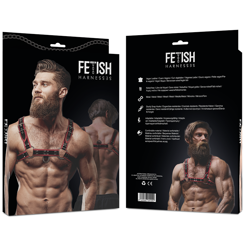 Fetish Submissive Brustharness aus Ökoleder für Herren Schwarz/rot