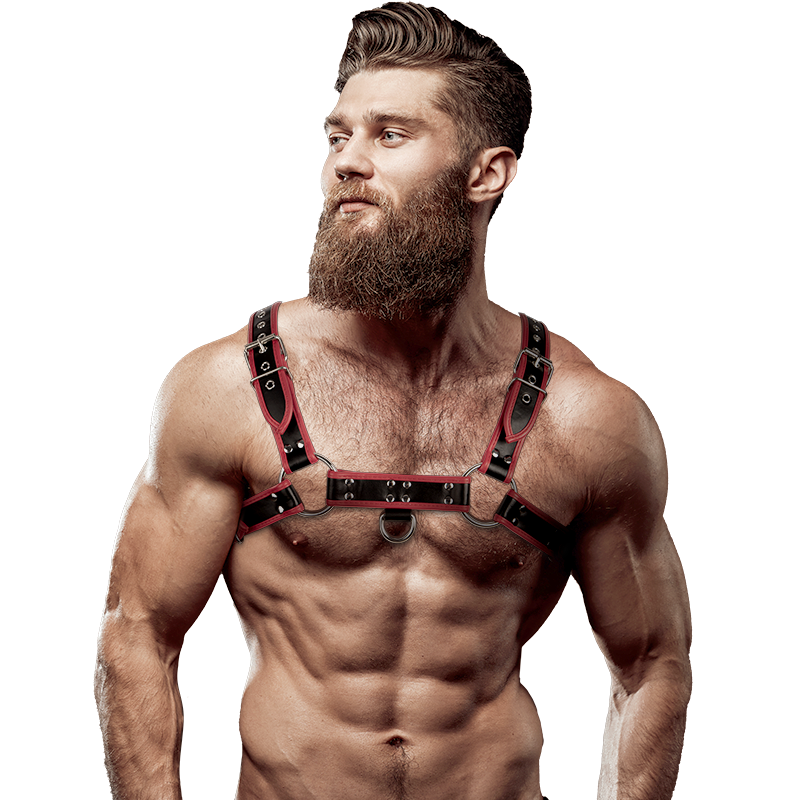 Fetish Submissive Brustharness aus Ökoleder für Herren Schwarz/rot