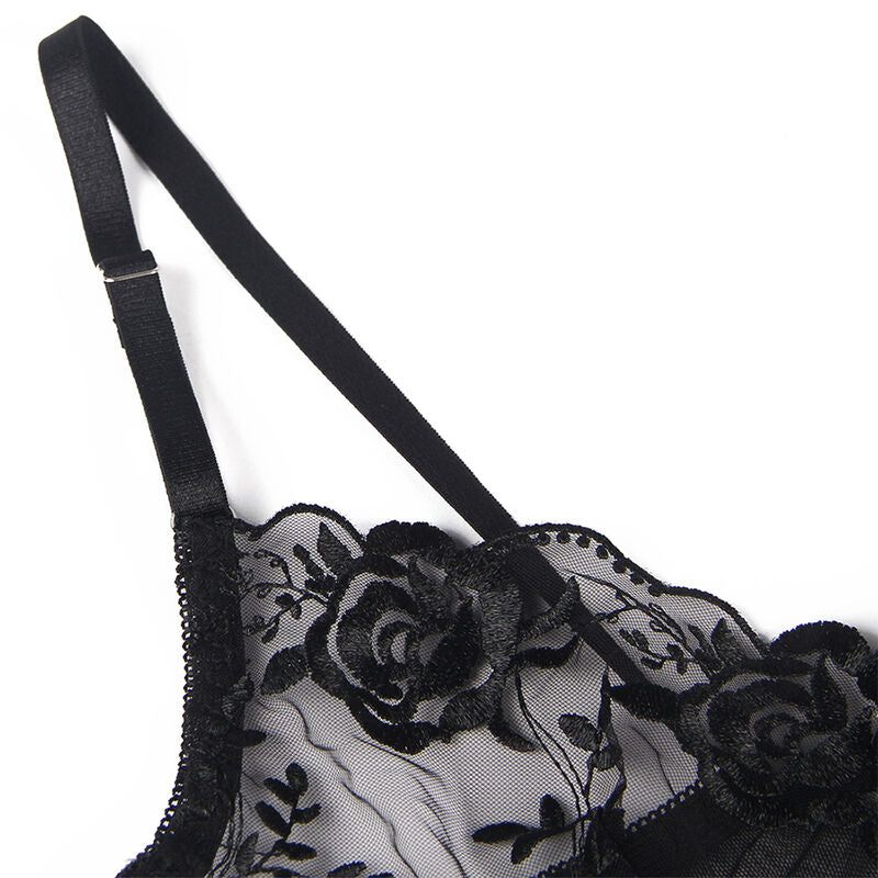 SUBBLIME - 3-TEILIGES SET BH + STRING + STRUMPFBAND BLUMENPRINT SCHWARZ L/XL