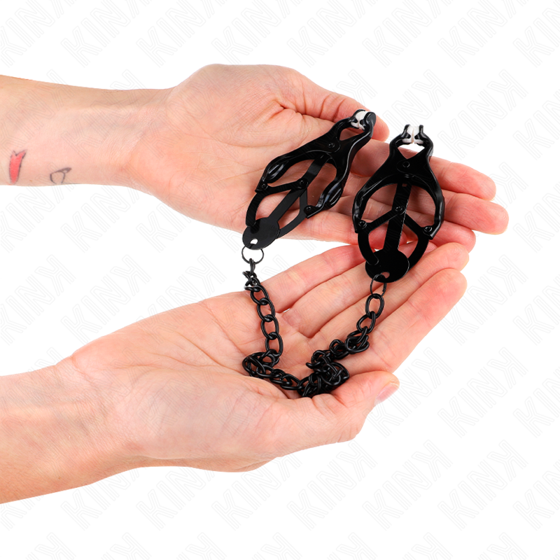 Kink – Japanische Kleeblatt-Nippelklammern mit Kette Schwarz 30 Cm
