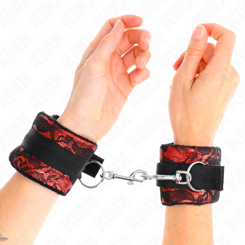 Kink – Kurze Handgelenksfesseln aus Samtspitze und Nylonfessel Rot/...