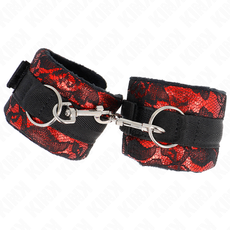 Kink – Kurze Handgelenksfesseln aus Samtspitze und Nylonfessel Rot/...