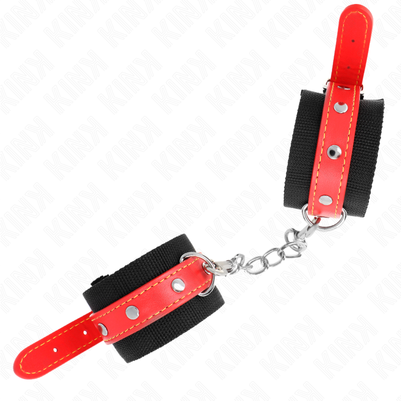 Kink – Nylon Handgelenkfesseln Schwarz mit Kunstleder Rot Verstellb...