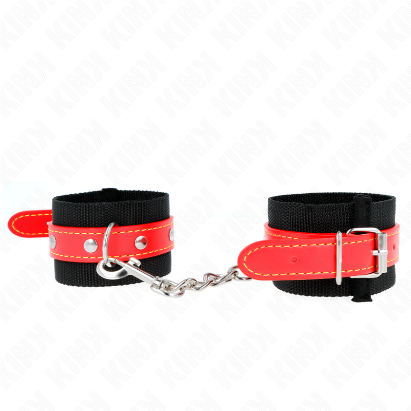 Kink – Nylon Handgelenkfesseln Schwarz mit Kunstleder Rot Verstellb...