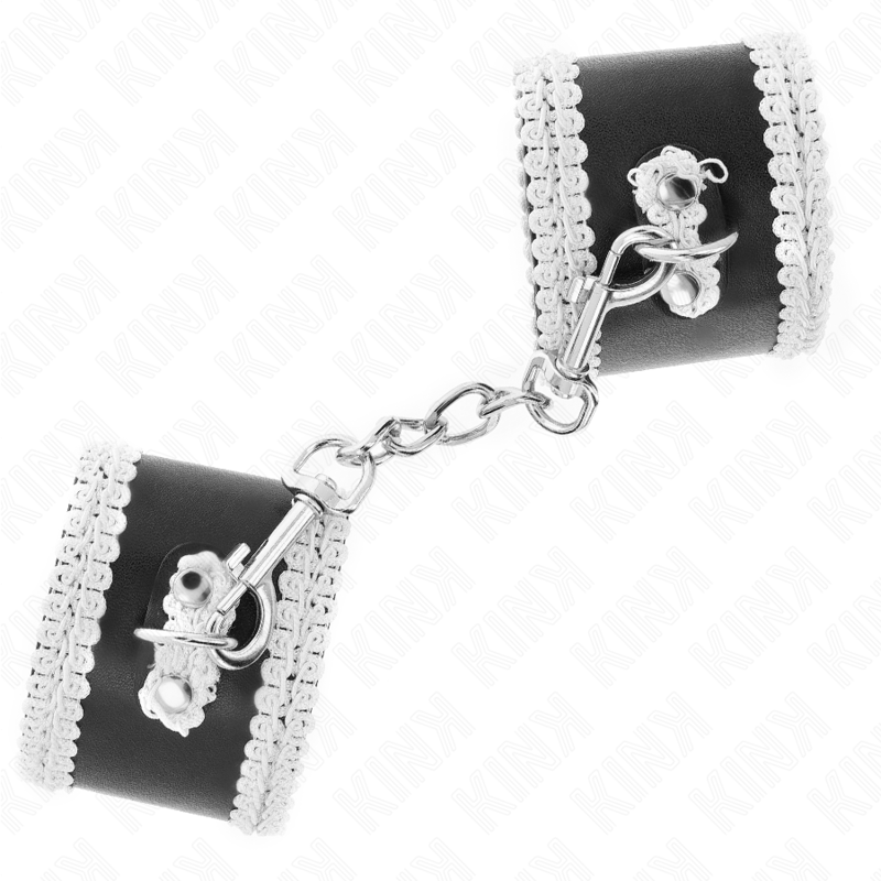 Kink Schwarze Handgelenkfesseln mit Weisser Dekorierter Spitze,