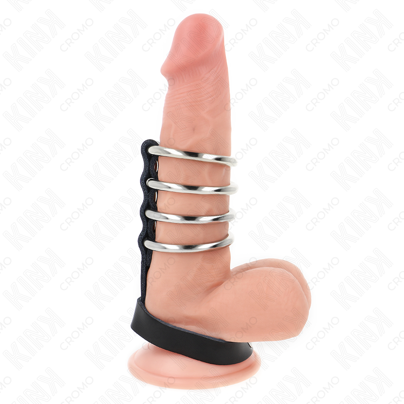 Kink 4 Metall Penisringe 3,8 cm Verbunden mit Lederband 22 x 1,5