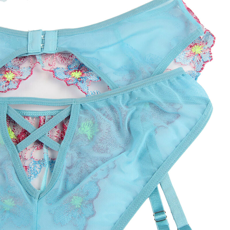 SUBBLIME - 954109 BH + HÖSCHEN MIT STRUMPFGÜRTEL BLUMENDESIGN BLAU S/M