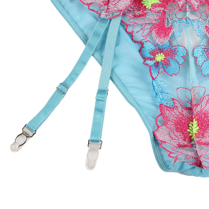 SUBBLIME - 954116 BH + HÖSCHEN MIT STRUMPFGÜRTEL BLUMENDESIGN BLAU L/XL
