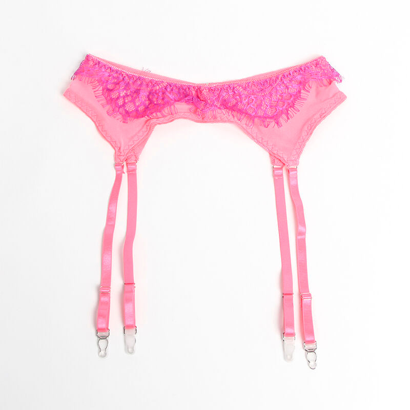 SUBBLIME - 955359 BH-SET MIT SPITZE UND STRUMPFBÄNDERN ROSA UND LILA S/M