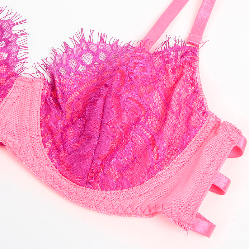 SUBBLIME - 955366 BH-SET MIT SPITZE UND STRUMPFBAND ROSA UND LILA L/XL
