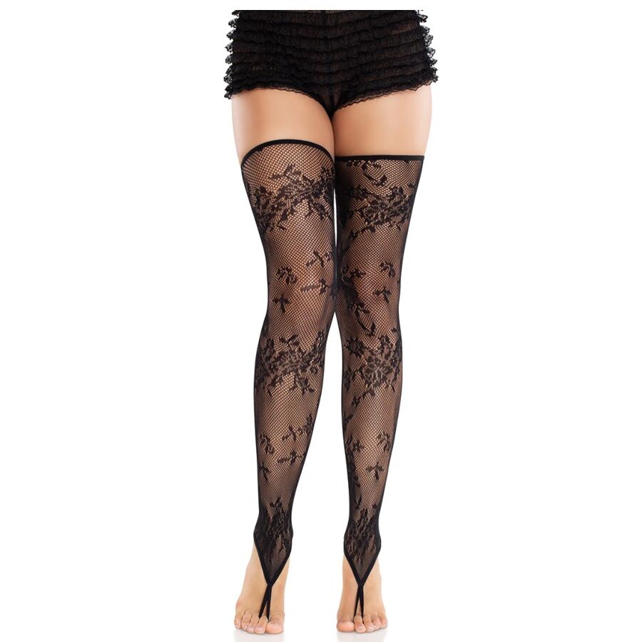 LEG AVENUE - FLORALE SPITZENSTRÜMPFE OHNE FUSS SCHWARZ