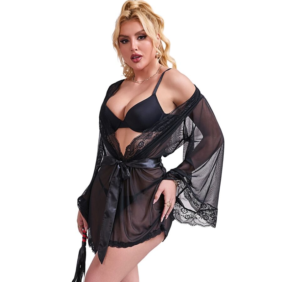 SUBBLIME - TRANSPARENTER STOFFMANTEL MIT SPITZENDETAIL SCHWARZ S/M