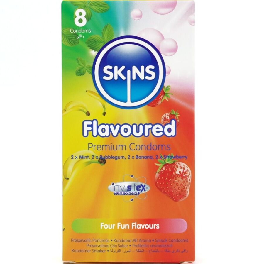 SKINS - PREMIUM-KONDOME MIT VERSCHIEDENEN GESCHMACKSRICHTUNGEN, 8ER-PACK