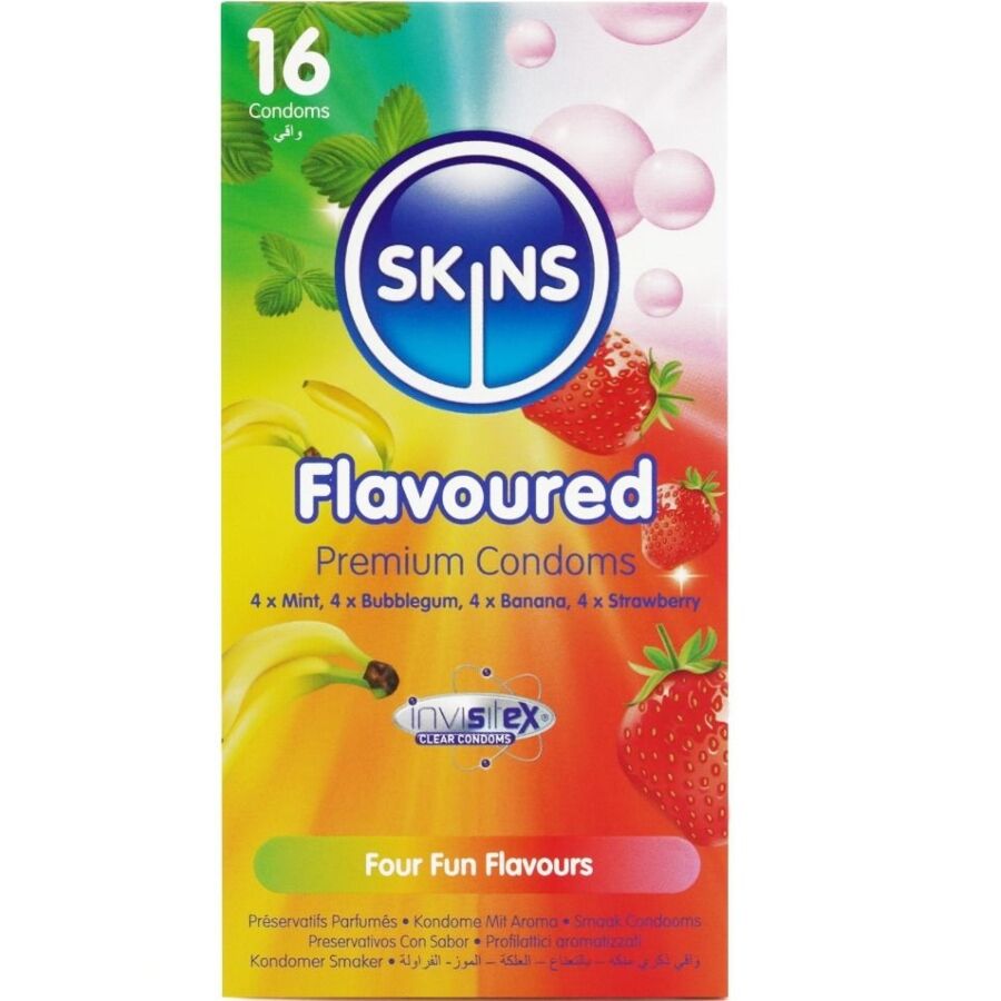 SKINS - PREMIUM-KONDOME MIT VERSCHIEDENEN GESCHMACKSRICHTUNGEN, 16ER-PACK
