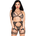 LEG AVENUE - 89362 TOP + STRING + STRUMPFGÜRTEL + HANDSCHELLEN SET SCHWARZ - EINE GRÖSSE