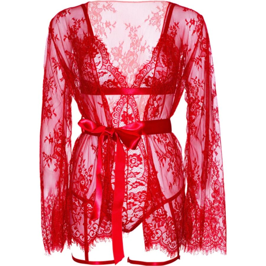 LEG AVENUE - 86123 TEDDY- UND STRUMPFBAND-BADEMANTEL-SET, ROT, GRÖSSE S