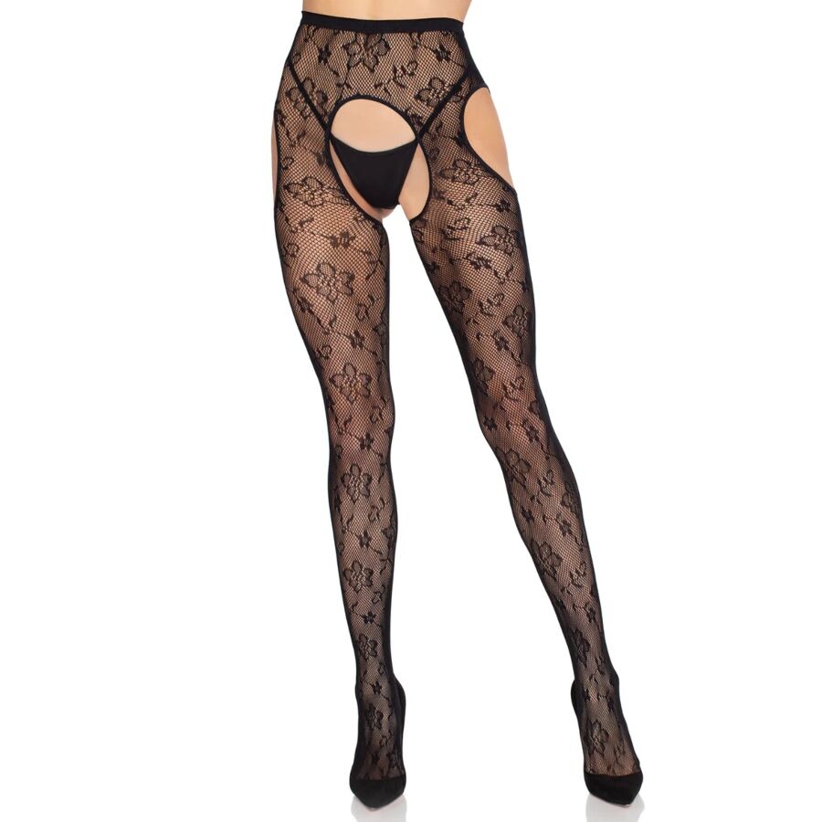 LEG AVENUE - 1967 BLOOM NETZ-STRUMPFHOSE MIT STRUMPFHALTERN, SCHWARZ - EINHEITSGRÖSSE